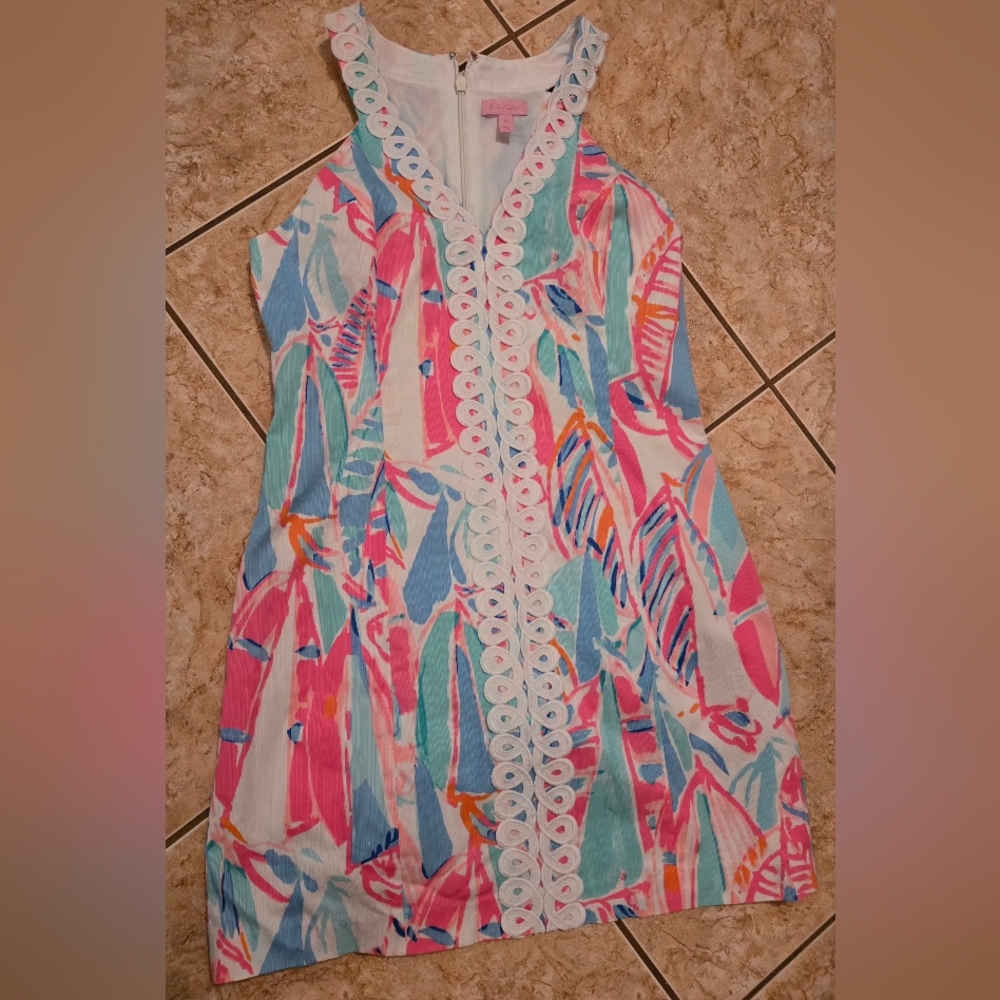 Lilly Pulitzer Beautiful SailBoat Lynn Shift DRESS Size 14 Lace Detail